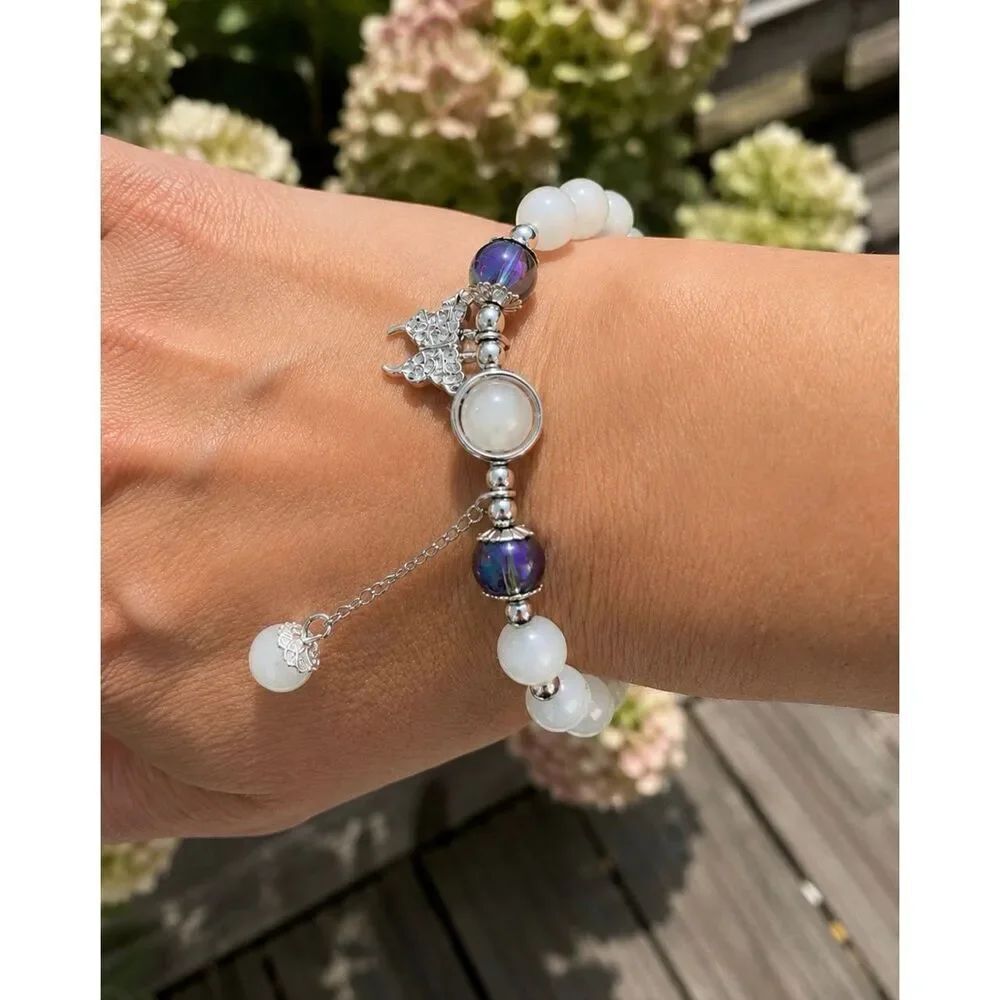 Milky White Beaded Stretch Bracelet with Butterfly Charm